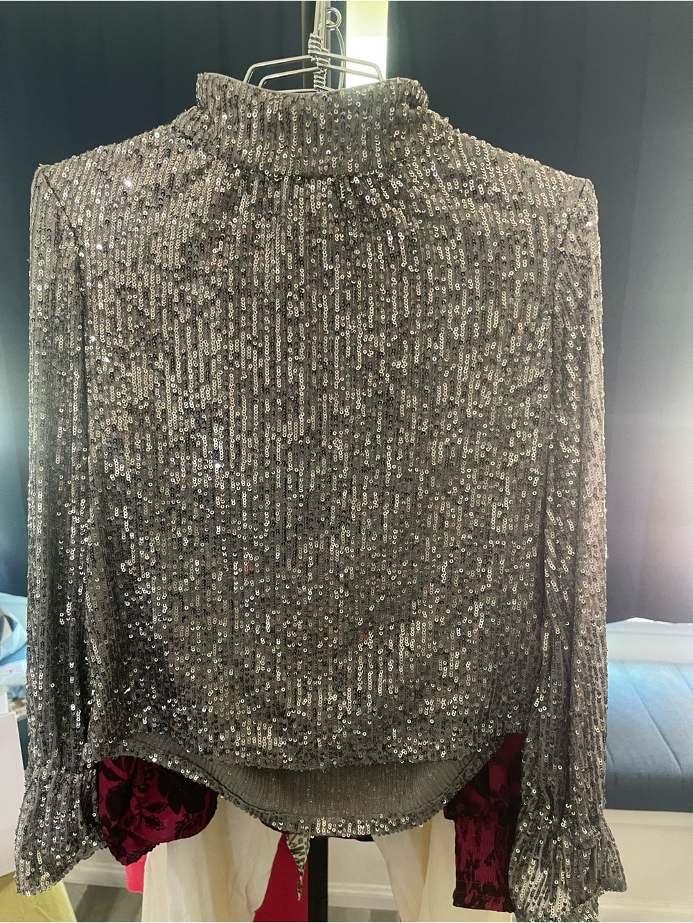 Metallic Silver Sequin Mock Neck Blouse
